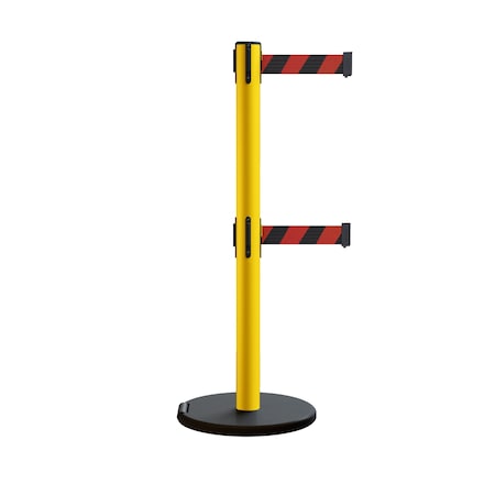 Retractable Belt Dbl Rolling Stanchion, 2.5ft Yellow Post  9ft. Blk/Rd